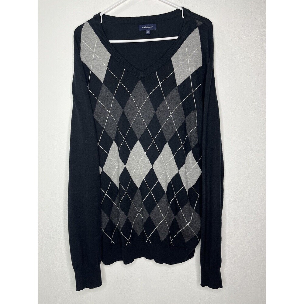 Croft & Barrow Gray Argyle Heathered Men's Large V-Neck Sweater Lightweight